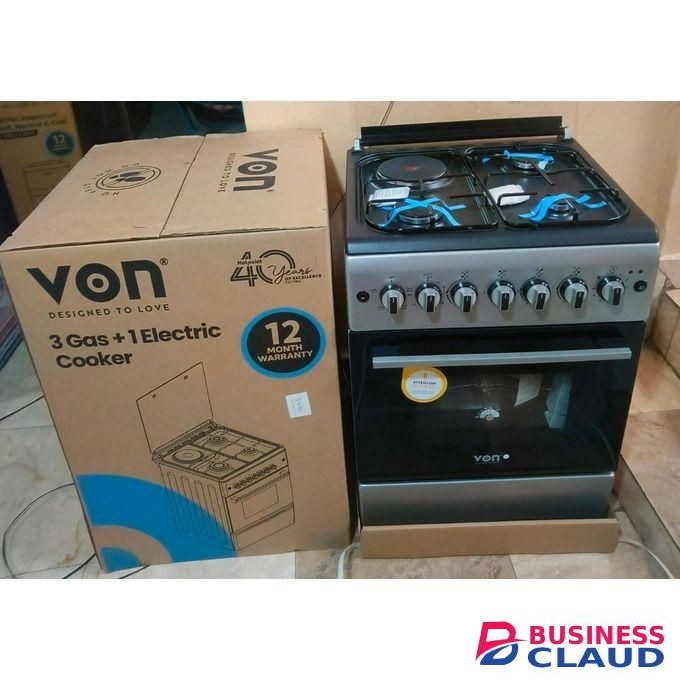 VON Cooker, Free Standing 58x58, 3 Gas Pool Jet Burners +1 Electric Hotplate, Electric Oven