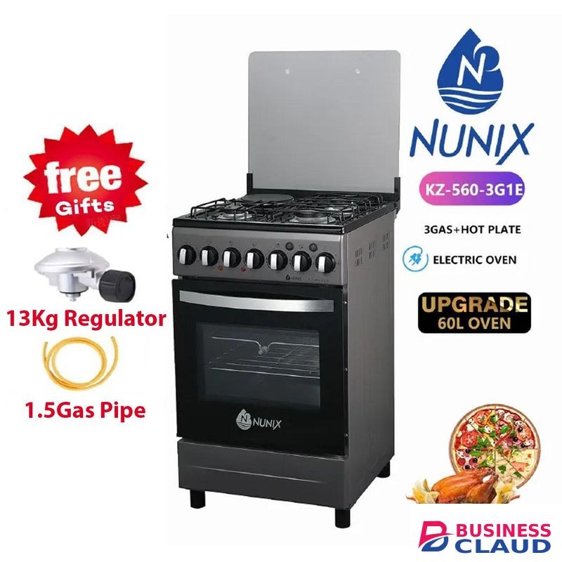Nunix 50CM X 55CM Cooker, 3 Gas Jet Burners+1 Electric Hotplate, Electric Oven+Free 13KG Regulator+Pipe+(1 YEAR WARRANTY)