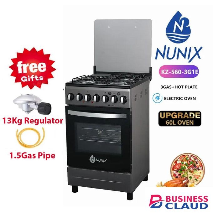 Nunix 50CM X 55CM Cooker, 3 Gas Jet Burners+1 Electric Hotplate, Electric Oven+Free 13KG Regulator+Pipe+(1 YEAR WARRANTY)