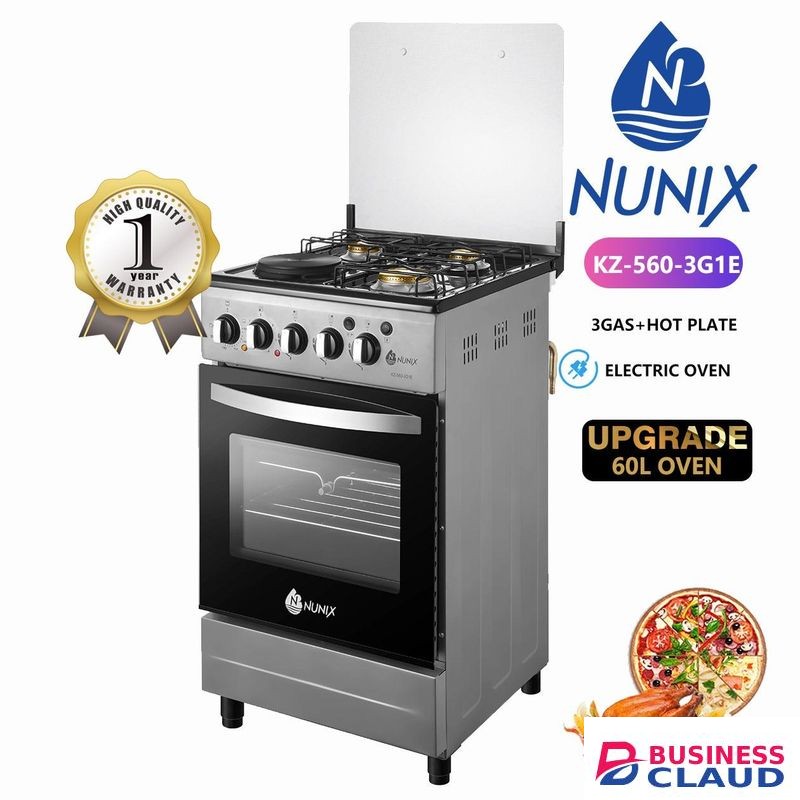 Nunix 3 Gas Burners + 1 Electric Plate, Electric Oven 50*55 - Silver + Free Gifts