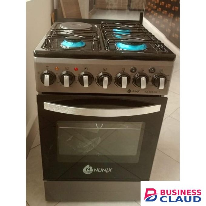 Nunix 50*55 Freestanding Cooker – 3 Gas Burners + 1 Electric Plate, Electric Oven, Auto-Ignition