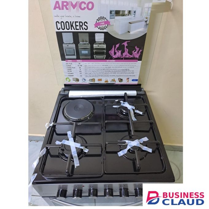 Armco Standing Cooker 3Gas + 1Electric Hotplate , Electric Oven Automatic Ignition Glass Top Cover Silver Body 1Yr Warranty