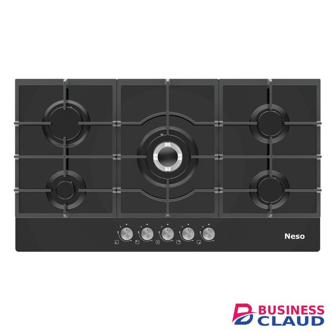 Neso 90cm Built-In Gas Hob – 5 Burners, Black Tempered Glass, Automatic Ignition
