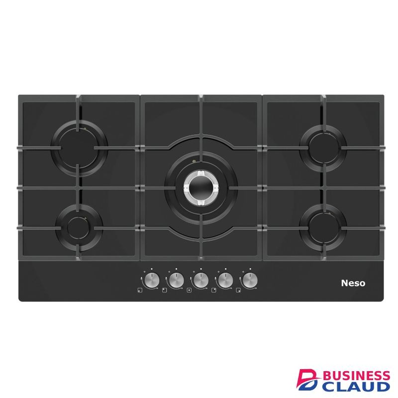 Neso 90cm Built-In Gas Hob – 5 Burners, Black Tempered Glass, Automatic Ignition