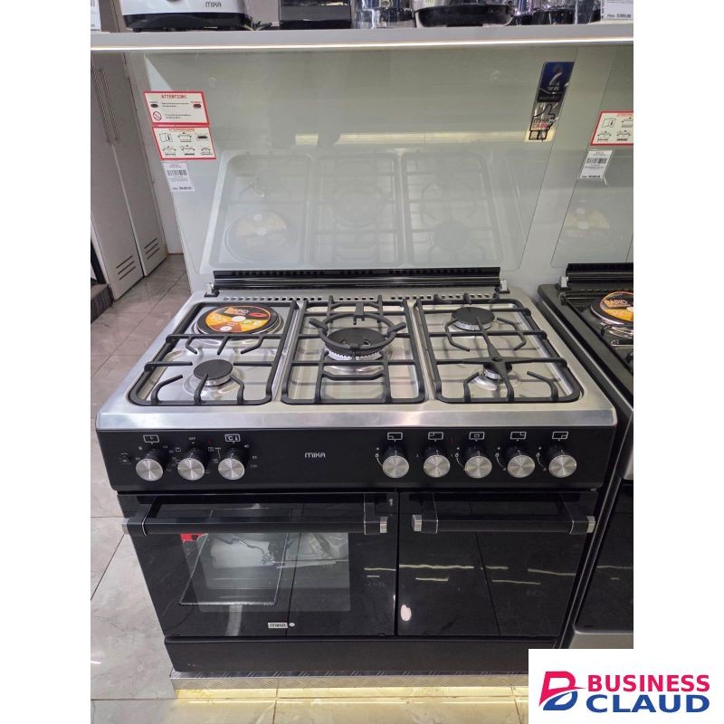 MIKA Standing Cooker, 90cm X 60cm, 4 Gas Pool Jet Burners (1 Wok) + 1 RAPID Hot Plate, FLAME FAILURE SAFETY, Auto Ignition, 6 Function Electric Oven (Convection Fan), GAS CYLINDER CABINET, Rotisserie, Stainless Steel Hob, Matt Black Body