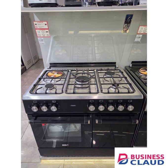 MIKA Standing Cooker, 90cm X 60cm, 4 Gas Pool Jet Burners (1 Wok) + 1 RAPID Hot Plate, FLAME FAILURE SAFETY, Auto Ignition, 6 Function Electric Oven (Convection Fan), GAS CYLINDER CABINET, Rotisserie, Stainless Steel Hob, Matt Black Body