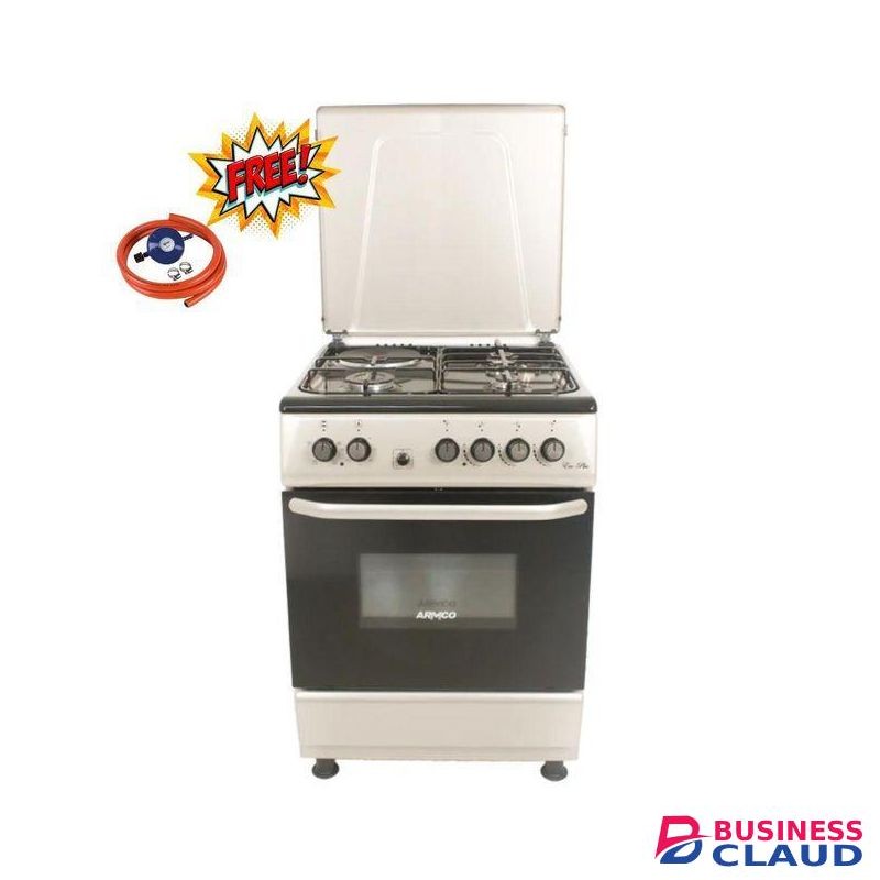 Armco 60x60cm 3Gas+1Electric with Electric Oven, Double Glass Oven Door, Metal Lid Top Cover Automatic Ignition 1Yr Warranty FREE GIFTS- Silver Made in Turkey