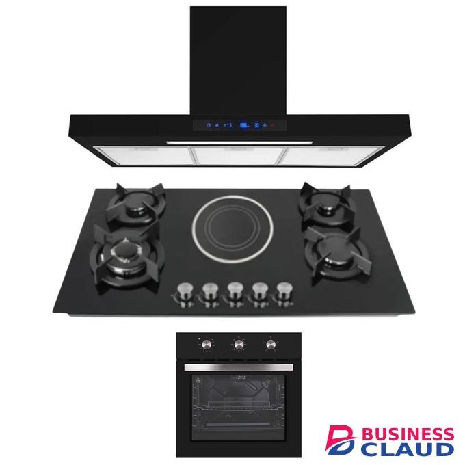 Bolesi Built In Table Top Cooker 4Gas + 1Electric In Built Cooker Burner Tampered Glass Top Cooker Automatic Ignition High Quality Black Flame Failure Device + Hood Kitchen + Electric Oven -3in1 COMBO KIT 1Yr Warranty