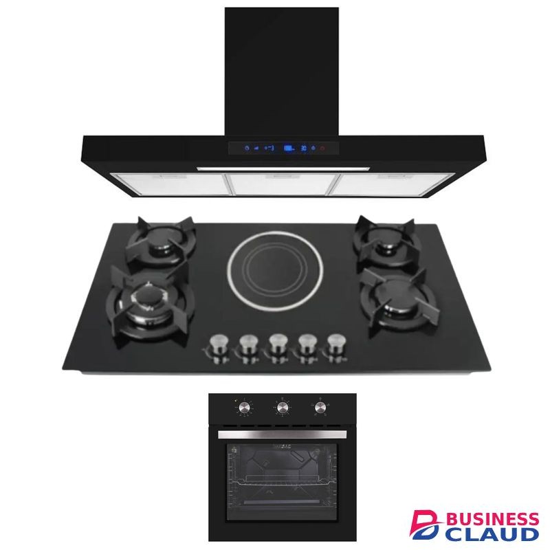 Bolesi Built In Table Top Cooker 4Gas + 1Electric In Built Cooker Burner Tampered Glass Top Cooker Automatic Ignition High Quality Black Flame Failure Device + Hood Kitchen + Electric Oven -3in1 COMBO KIT 1Yr Warranty