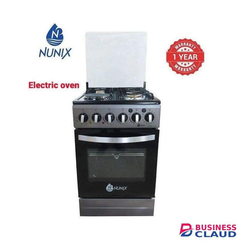 Nunix Stand Alone Gas Cooker 3 gas Burner 1 Electric Hot Plate with Electric Oven - Silver