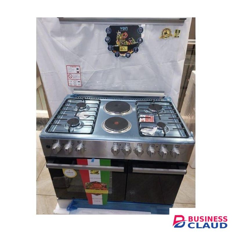VON Cooker 90cm x 60cm, 4 Gas Pool Jet Burners + 2 RAPID Hot Plates, Auto Ignition, 4 Function Electric Oven, GAS CYLINDER CABINET, Rotisserie Free Standing Cooker