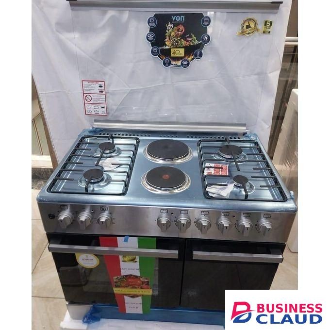 VON Cooker 90cm x 60cm, 4 Gas Pool Jet Burners + 2 RAPID Hot Plates, Auto Ignition, 4 Function Electric Oven, GAS CYLINDER CABINET, Rotisserie Free Standing Cooker