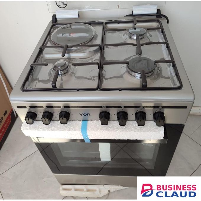 VON Standing Cooker, 60cm x 55cm, 3 Gas Pool Jet Burners + 1 RAPID Hot Plate, Integrated Ignition, Electric Oven, Rotisserie, Inox Grey