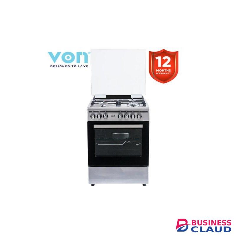 VON Standing Cooker, 60cm x 55cm, 3 Gas Pool Jet Burners + 1 RAPID Hot Plate, Integrated Ignition, Electric Oven, Rotisserie, Inox Grey