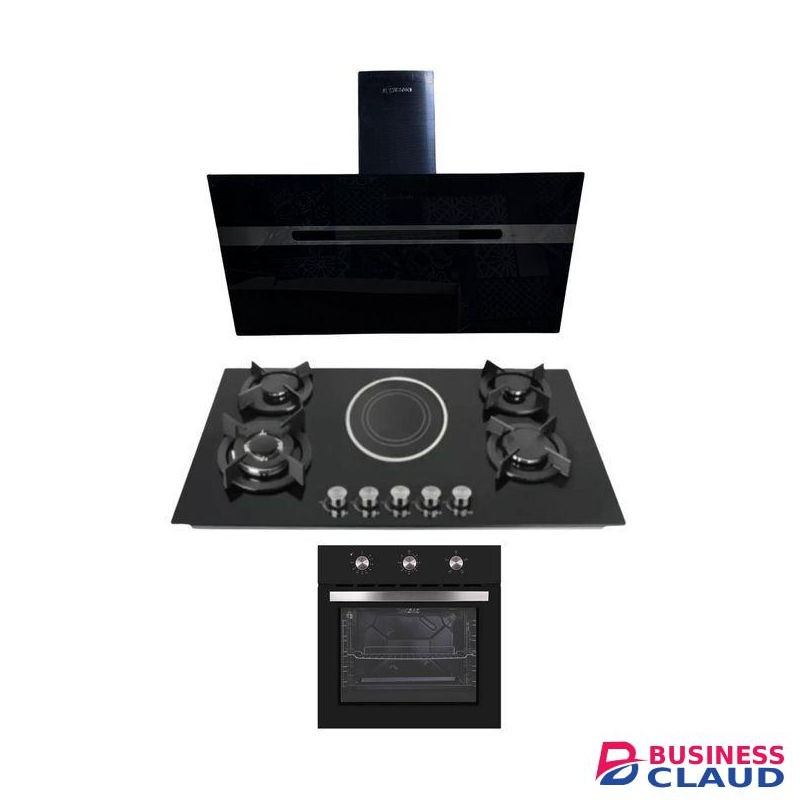 Bolesi Built In Table Top Cooker 4Gas + 1Electric (1 WOK) In Built Cooker Burner Tampered Glass Top Cooker Automatic Ignition High Quality Black Flame Failure Device + Robot Hood Kitchen + Electric Oven -COMBO KIT 1Yr Warranty
