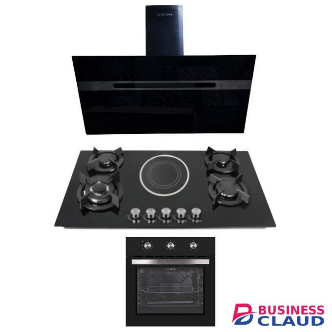 Bolesi Built In Table Top Cooker 4Gas + 1Electric (1 WOK) In Built Cooker Burner Tampered Glass Top Cooker Automatic Ignition High Quality Black Flame Failure Device + Robot Hood Kitchen + Electric Oven -COMBO KIT 1Yr Warranty