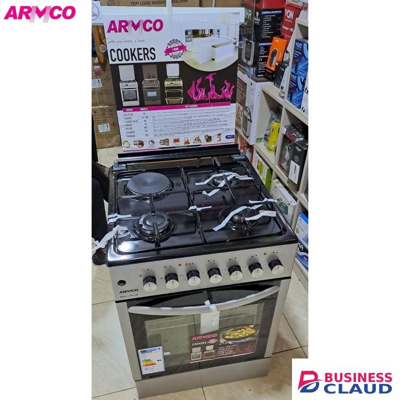 Armco Cooker 3Gas + 1Electric Hotplate , Electric Oven Automatic Ignition Glass Top Cover Silver Body 1Yr Warranty