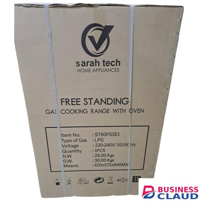 Sarah Tech Standing Cooker 60x55cm 3Gas + 1 Electric Hotplate, Electric Oven 60L oven Automatic Ignition Glass Top Cover 1Yr Warranty Free Gifts Regulator + Delivery Pipe + 2pc Safety Clips- Black.