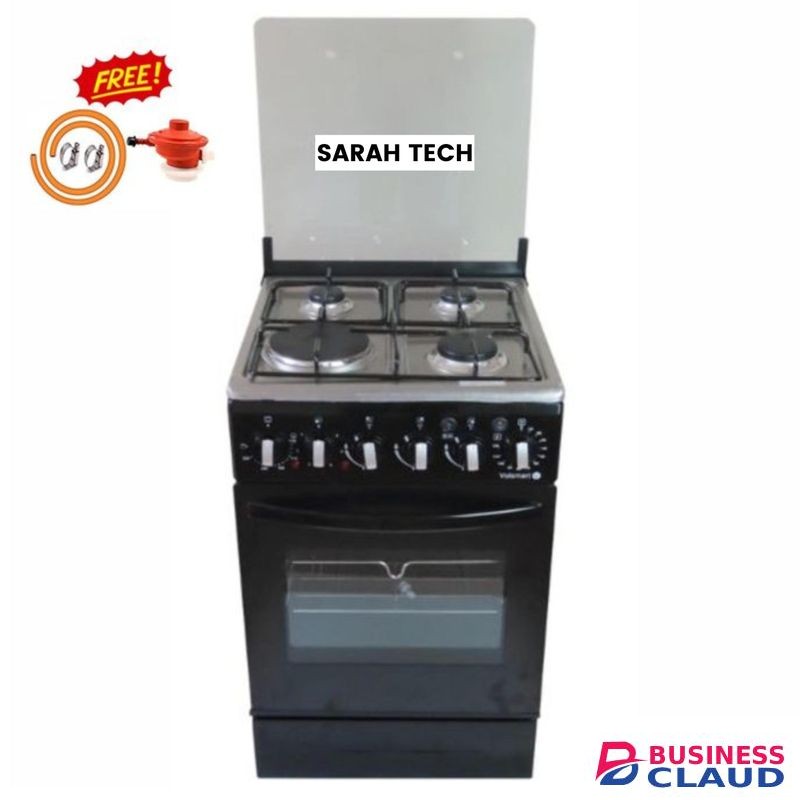 Sarah Tech Standing Cooker 60x55cm 3Gas + 1 Electric Hotplate, Electric Oven 60L oven Automatic Ignition Glass Top Cover 1Yr Warranty Free Gifts Regulator + Delivery Pipe + 2pc Safety Clips- Black.