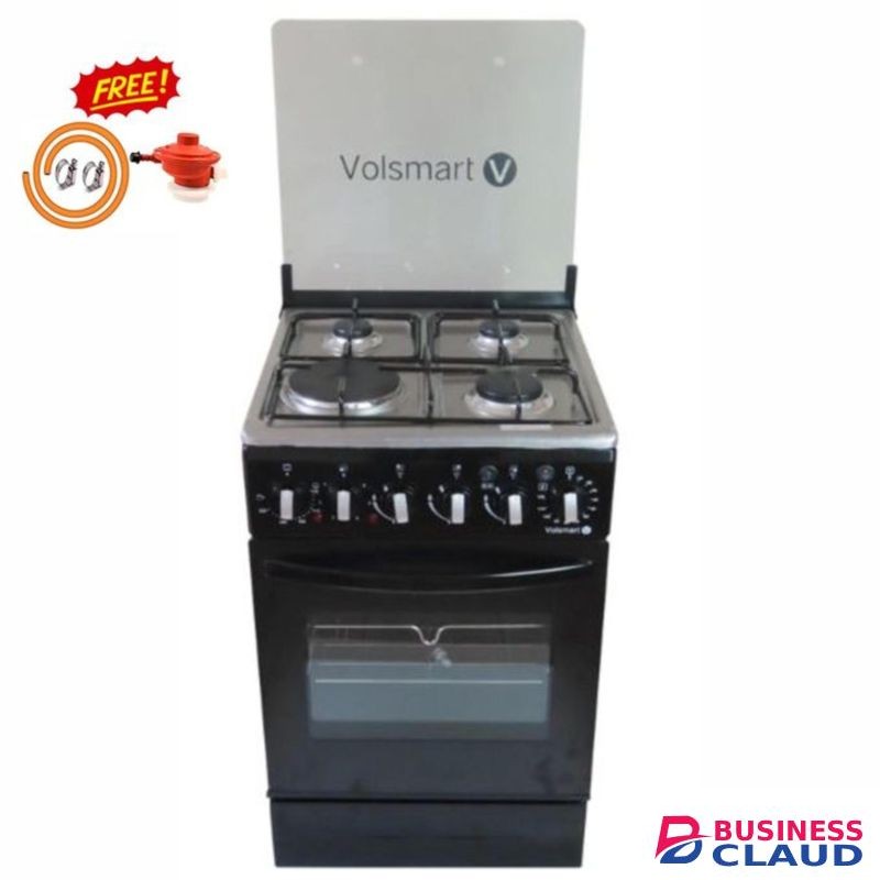 VOLSMART Standing Cooker 3Gas + 1 Electric Hotplate, Electric Oven JET VALVE Burner 50x50cm, Stainless Top Automatic Ignition Glass Top Cover Free Gifts Regulator + Gas Pipe- Black