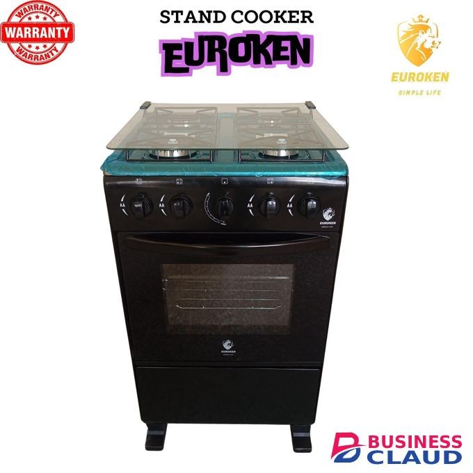 Full Gas Cooker with 4 Burners and Built-in Gas Oven, Free Standing Kitchen Cooker with Glass Top and Storage Compartment