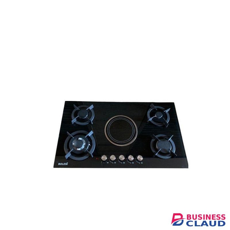 Bolesi 4 Gas + 1 Electric Tampered Glass Cooker, WOK, Flame Failure Sensor- Black