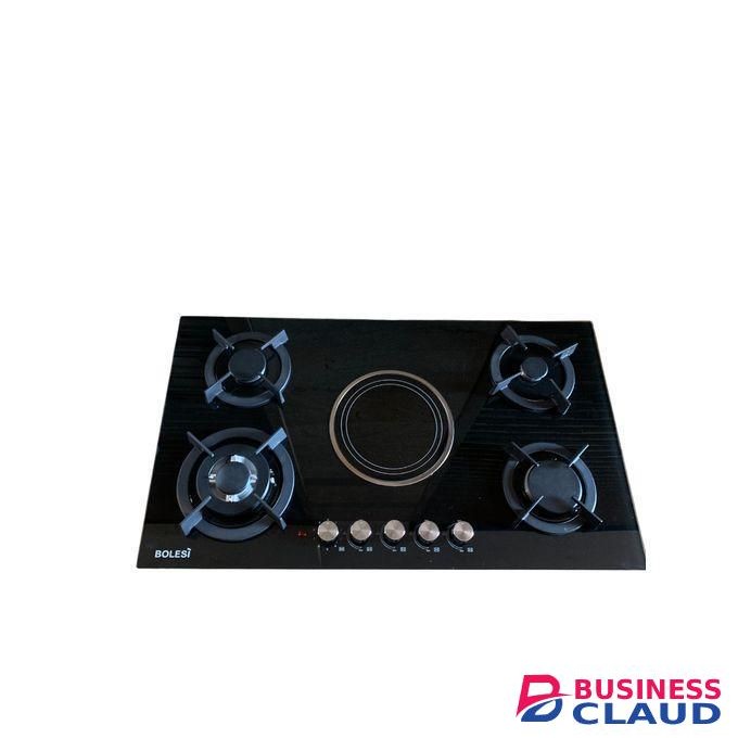 Bolesi 4 Gas + 1 Electric Tampered Glass Cooker, WOK, Flame Failure Sensor- Black