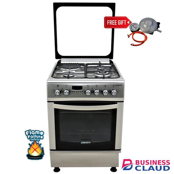 Armco Standing Cooker 3Gas+1Electric with Electric Oven & Grill ,1 WOK Burner, Euro Burner ,One Touch Automatic Ignition High Aesthetics Steel Knobs Body 1Yr Warranty FREE Gifts - Stainless Steel