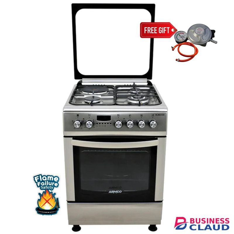 Armco Standing Cooker 3Gas+1Electric with Electric Oven & Grill ,1 WOK Burner, Euro Burner ,One Touch Automatic Ignition High Aesthetics Steel Knobs Body 1Yr Warranty FREE Gifts - Stainless Steel