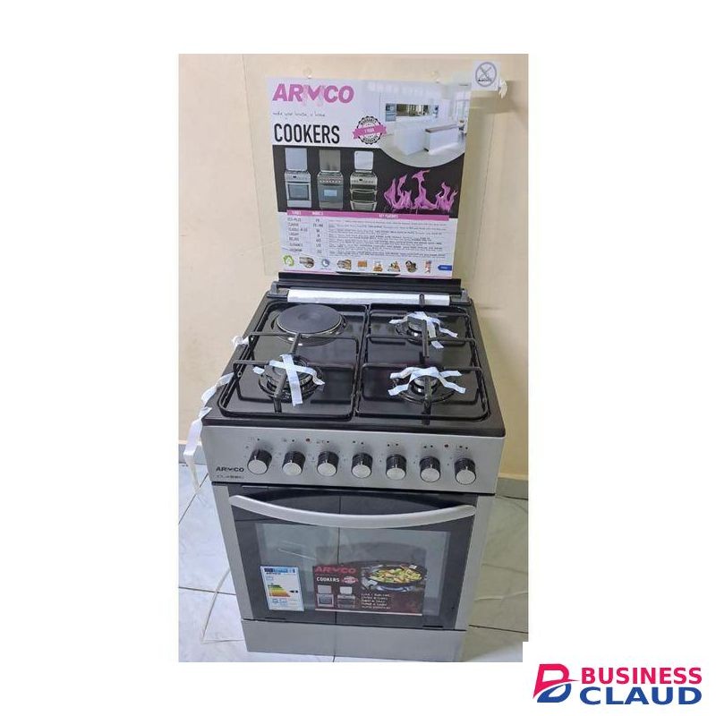 Armco Standing Cooker 60x60cm 3Gas + 1Electric Hotplate , Electric Oven Automatic Ignition Glass Top Cover Silver Body 1Yr Warranty