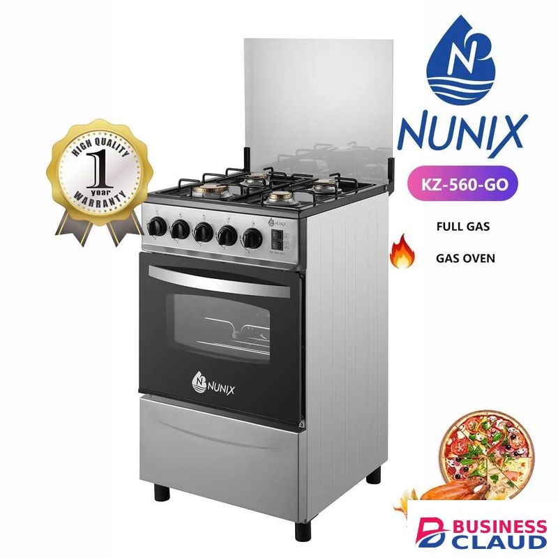 Nunix Full Gas 4 Burners Free Standing Cooker With Oven and Glass Lid/ Standing Oven- Jet Valve Gas Inlet