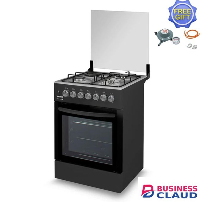 Armco 58X58cm Standing Cooker 3Gas + Electric Hotplate with Electric Oven & Grill Automatic Ignition Glass Lid Top Cover 1yr Warranty -With FREE Gifts - BLACK