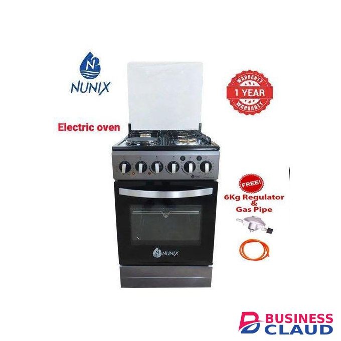 Nunix 50x55, 3 Jet Burners+1 Electric, ROTISSERIE & ELECTRIC OVEN Standing Cooker + 6Kg Regulator+ Gas Pipe