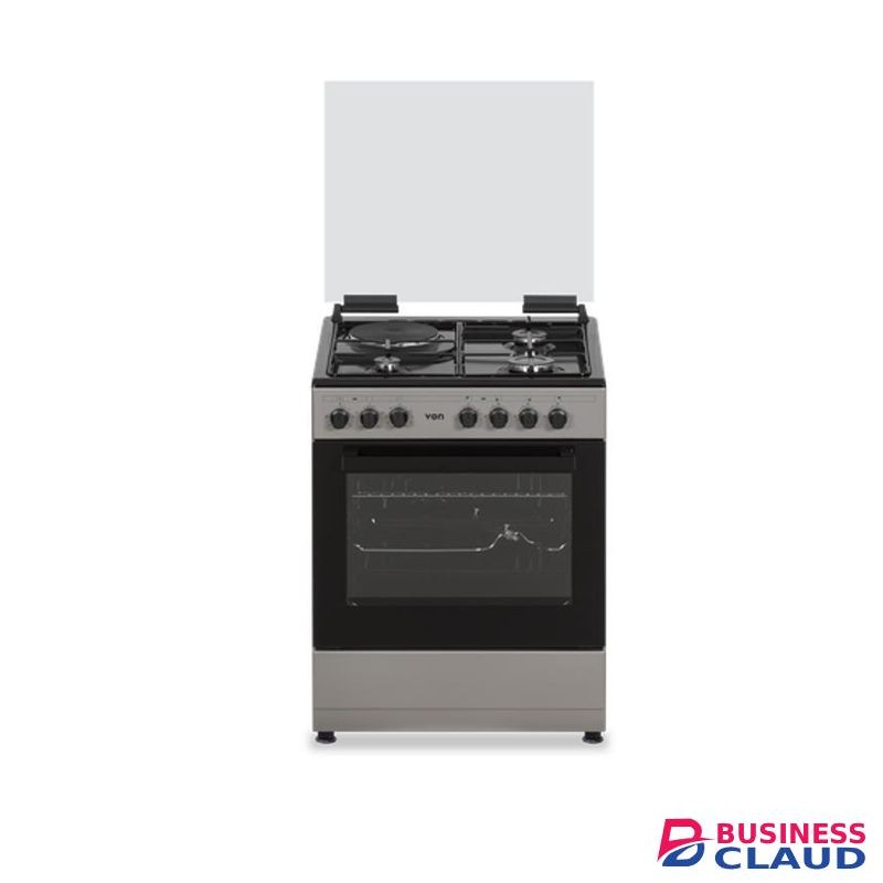 VON 60*55 Cooker 3 Gas + 1 Electric Grey Body with a black Hob+ 13kg Regulator+ Gas Pipe+ 2 Clips