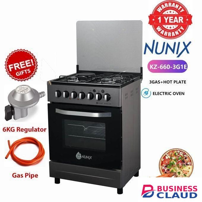 Nunix 60 By 60, 3 Gas Jet Pool Burners + 1 Rapid Plate, Free Standing Cooker With Electric Oven+GIFTS