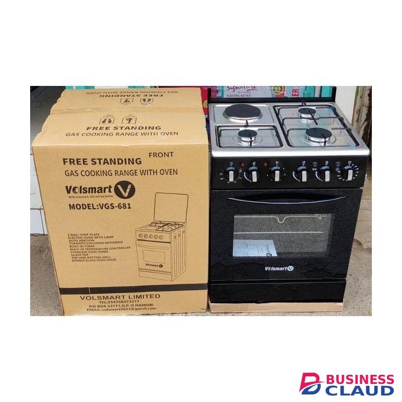 VOLSMART 60cmx60cm, 3 Gas Jet Pool Burners + 1 Rapid Plate, Free Standing Cooker with Electric Oven.