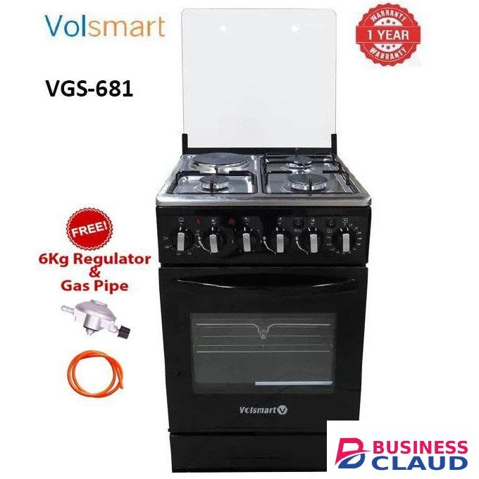 VOLSMART Standing Cooker, 60*55, 3 Gas Jet Pool Burners + 1 Hot Plate, Electric Oven, Black Hob - Silver