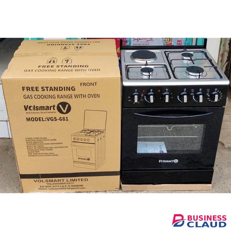 VOLSMART Standing Cooker, 60*55, 3 Gas Jet Pool Burners + 1 Hot Plate, Electric Oven, Black Hob - Silver