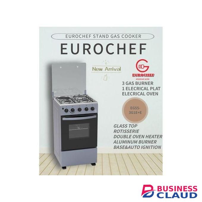 Eurochef EG55 3 Gas + 1 Electric, Electric Oven Free Stand Glass Top Cooker,rotisserie Silver, 60L