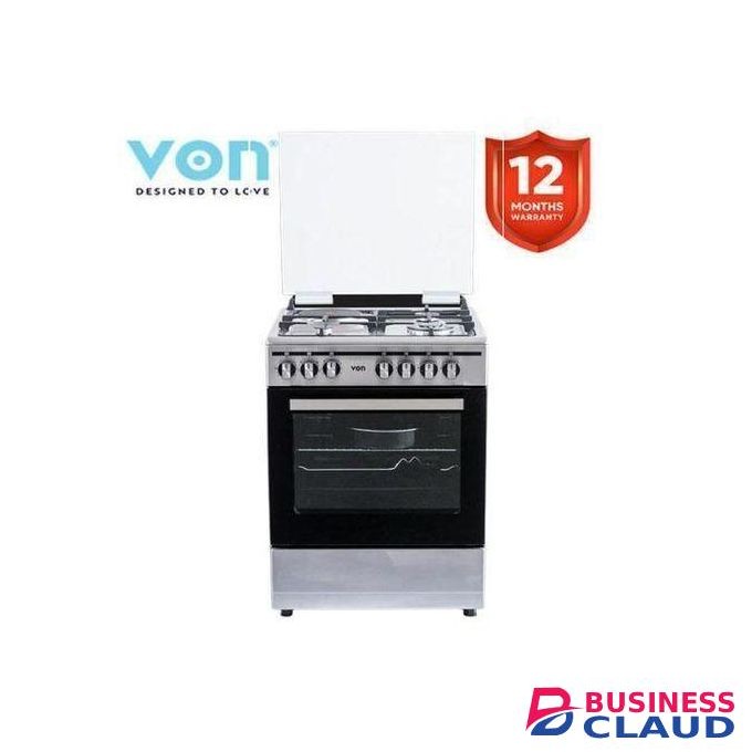 VON 3 Gas +1 Electric 55x60 free standing cooker with Electric Oven with a free gift - Grey