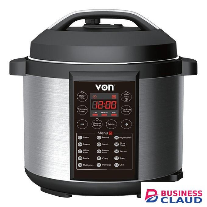 VON 6L Electric Pressure Cooker Programmed Safety Measure Feature Non Stick Pot - 1Yr Warranty