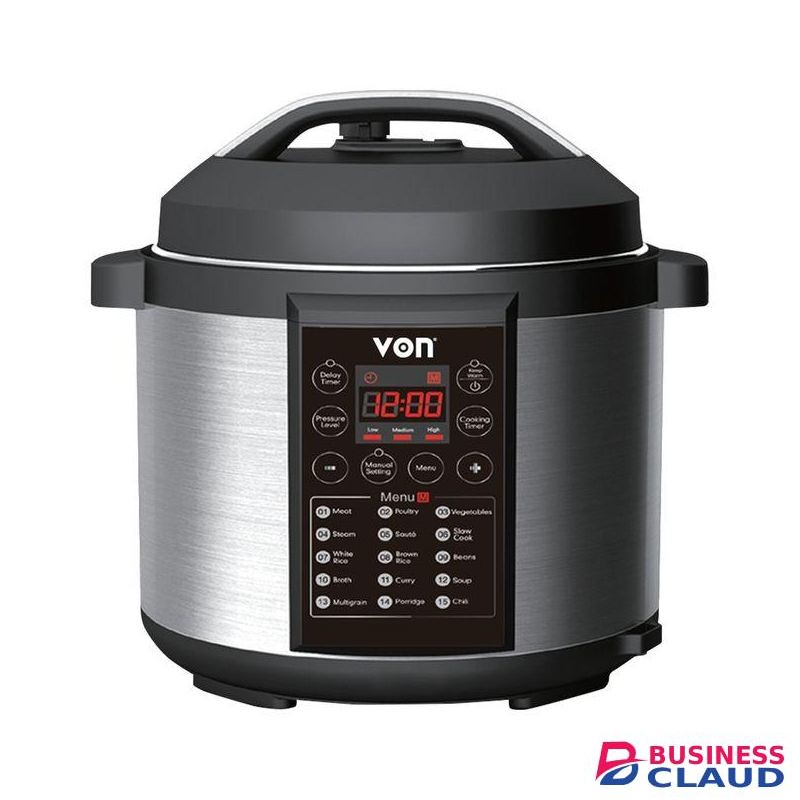 VON 6L Electric Pressure Cooker Programmed Safety Measure Feature Non Stick Pot - 1Yr Warranty