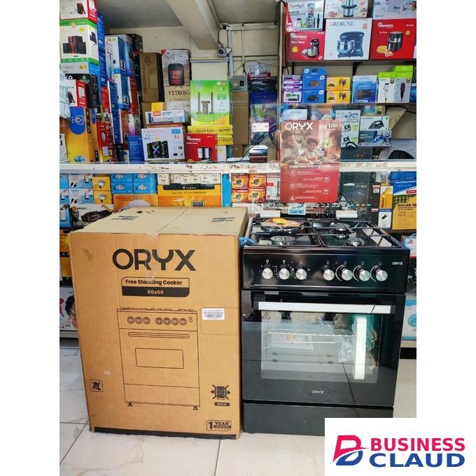 ORYX Standing Cooker, 60cm x 60cm, 3 Gas Pool Jet Burners + 1 RAPID Hot Plate, Button Ignition, 4 Function Electric Oven, Rotisserie, Full Black