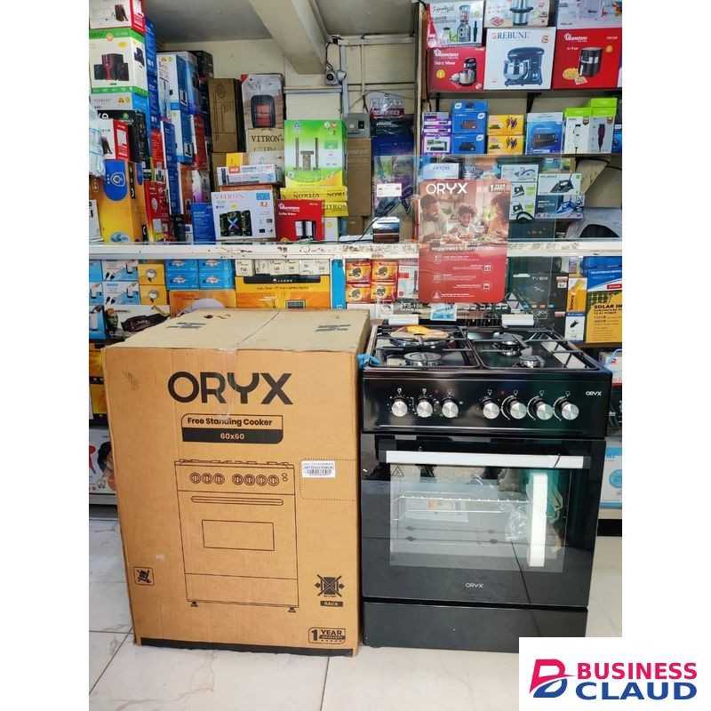 ORYX Standing Cooker, 60cm x 60cm, 3 Gas Pool Jet Burners + 1 RAPID Hot Plate, Button Ignition, 4 Function Electric Oven, Rotisserie, Full Black
