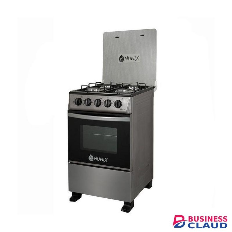 Nunix 50*55 Gas Cooker, 4 Gas Burners + Large Gas Oven, Free Standing Design with Glass Lid(1 Year Warranty)