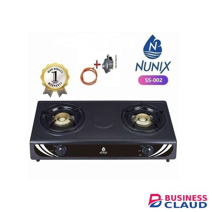 Nunix Stainless Table Top Double Burner Gas Stove Cooker + Pipe & Regulator