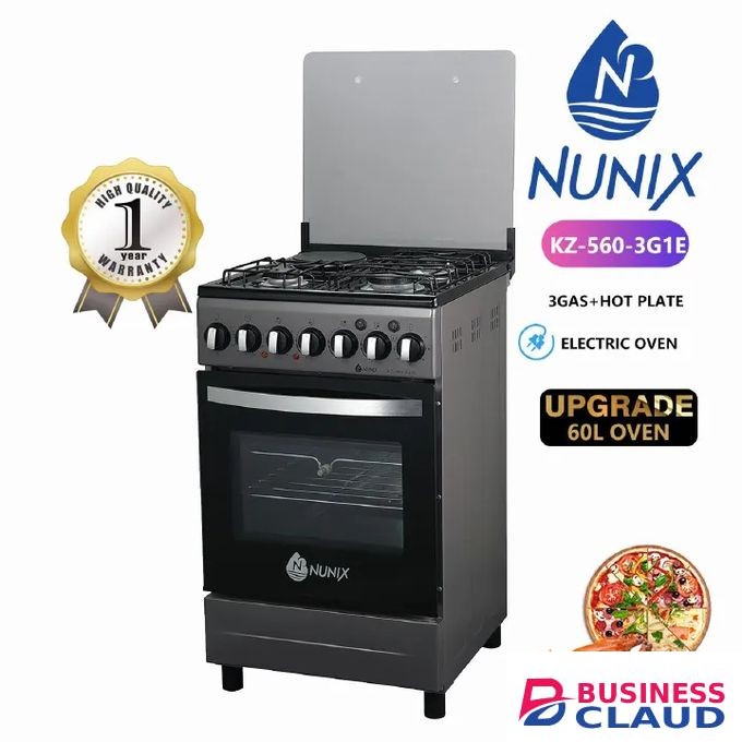 Nunix 50 x 55, 3 Gas Burners+ 1 Electric Hotplate with Electric Oven Cooker+(1YR WARRANTY)