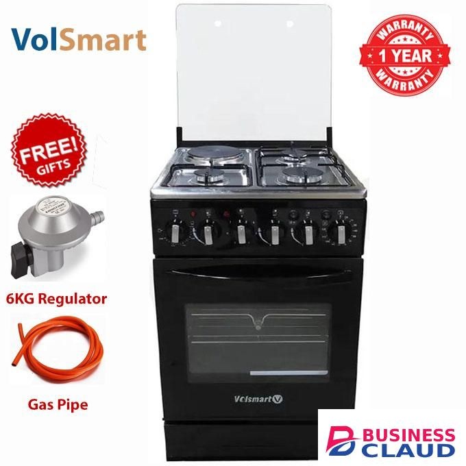 VOLSMART 60cm X 60cm Cooker ,3 Gas Jet Pool Burners, 1 Rapid HotPlate With Electric Oven+ Free 6Kg Regulator+Gas Pipe