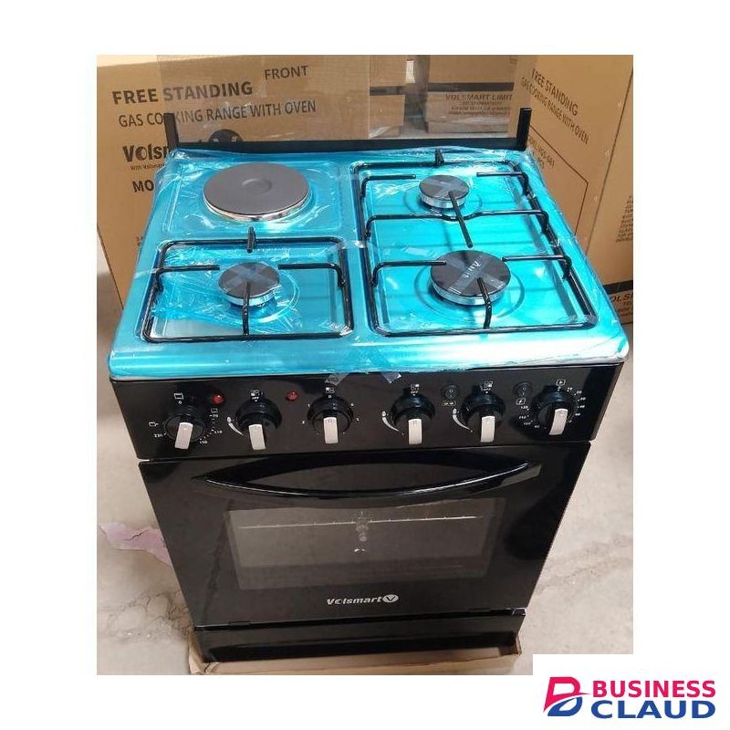 VOLSMART 60cm x 60cm Gas & Electric Cooker 3 Gas Jet Pool Burners, 1 Hot Plate, Electric Oven, Grill, Rotisserie, Double Glass Door, Auto Ignition+Free Gifts