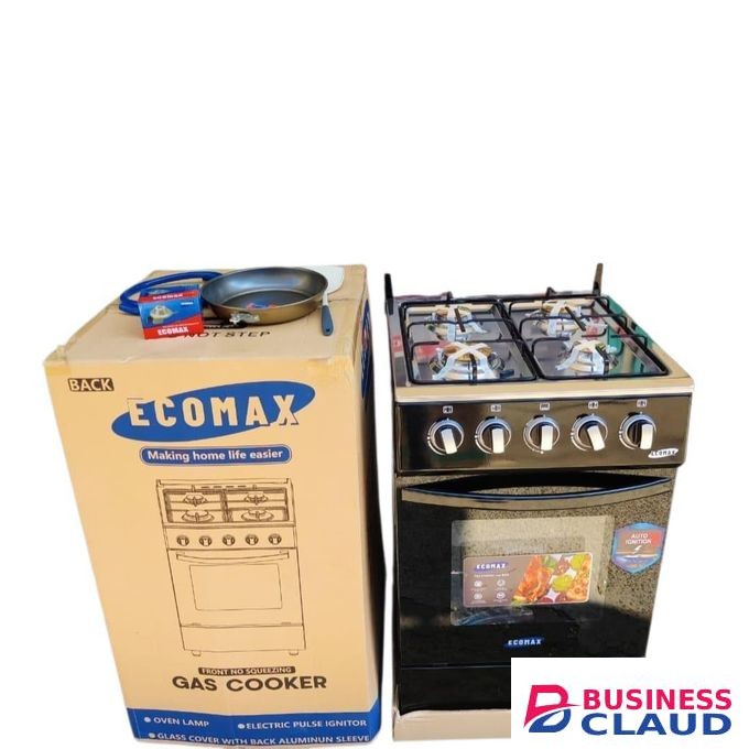 Ecomax Full Gas Standing Cooker with Oven, Glass Lid and free pan, regulator and pipe